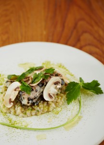 Elements_Cod steamed with nori, pearl barley braised with macha, tomatoes and shaved mushrooms