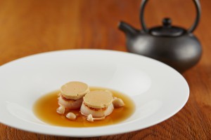 Elements_Scallops topped with foie gras, shimeji scented miso consomme